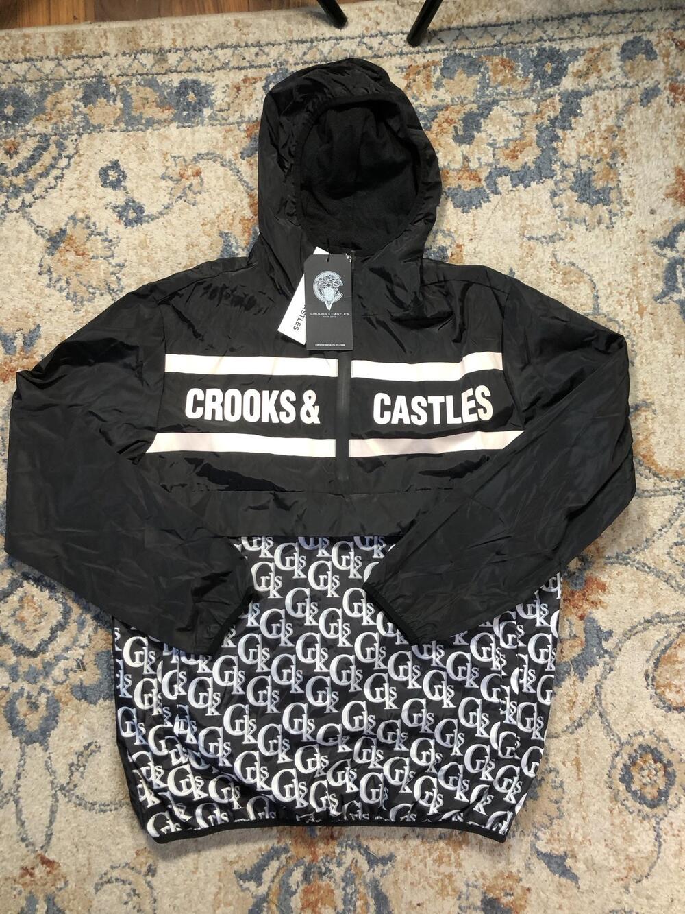 Crooks & Castles Jacket Mens Medium Black Hooded 1/4 Zip Windbreaker Logo Print